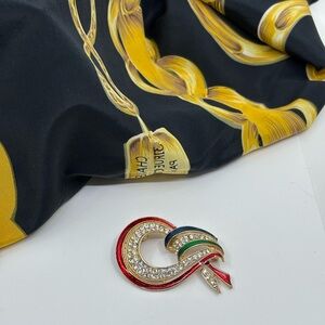 D'Orlan Rare Vintage 22K Gold Plated Enamel Rhinestone Ribbon Brooch READ*